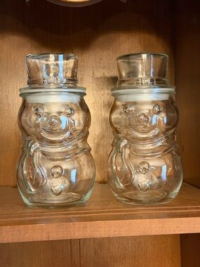 Vintage Libbey Snowman Glass Candy Jars Set 2 Canada Mexico Christmas